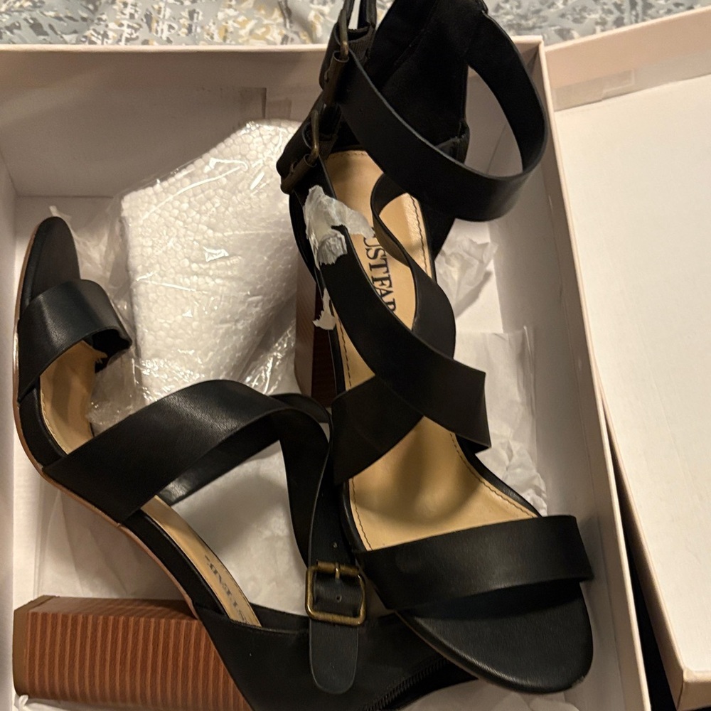 JustFab Black Strappy Heels with Chunky Heel